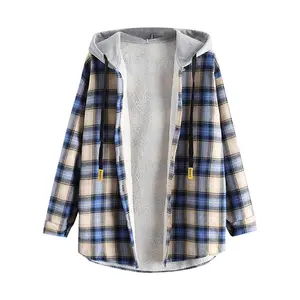 Women’s Plaid Fleece-Lined Hooded Jacket Button-Up Oversized Fuzzy Coat Checkered Flannel Hoodie Jacket ZAFUL