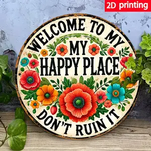 [2D Flat] Room Decor "Welcome to My Happy Place" Waterproof Iron Wall Art Sign, Metal Home Decor with Floral Design for Cafe & Bedroom, 7.87x7.87 inches, Home Decor, Perfect for Room Decor