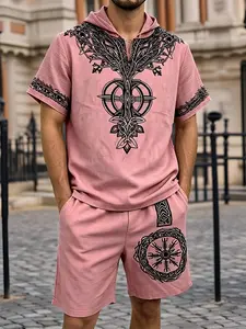 Men's Summer Viking Print Two-Piece Set, Hooded Short Sleeve Shirt + Shorts, Streetwear, Travel, Daily Wear, Outdoor Sports