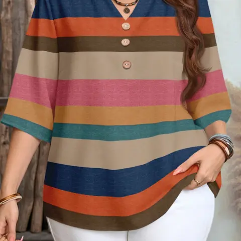 Boho Style Woven Bohemian Inspired Women's Casual Oversized Shirt Blouses Top, 3/4 Sleeve Vintage Striped, Elegant, Romantic and Chic, Perfect for Spring/summer Beach or Tropical Vacations