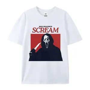 Vintage Wes Craven's Scream Ghost Face Graphic White Cotton T-Shirt, featuring the iconic horror movie poster art. Soft crew neck tee, retro horror streetwear, ideal for casual wear and spooky-themed occasions