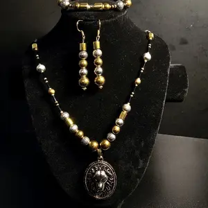 Gabriela Haller HigherKii Artique Gold'n Chrome Lion Jewelry Set with Lion Pendant and Beaded Necklace Set