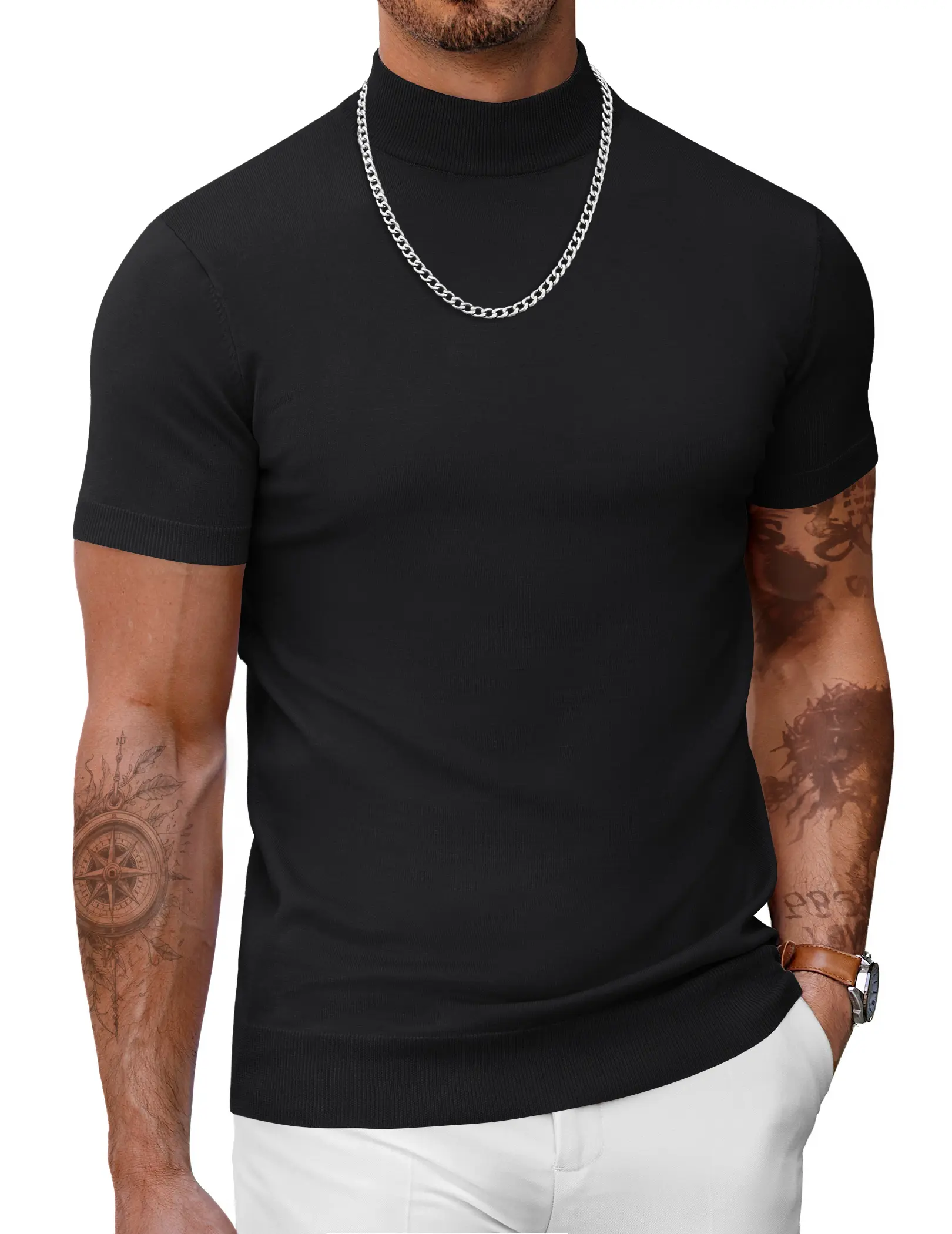 COOFANDY Mens Mock High Neck Sweater Short Sleeve Solid Color T-Shirts Basic Slim Fit Knitted Pullover Tees Casual Classic Menswear Festival Top Knitwear