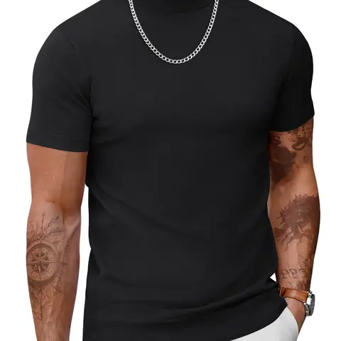 COOFANDY Mens Mock High Neck Sweater Short Sleeve Solid Color T-Shirts Basic Slim Fit Knitted Pullover Tees Casual Classic Menswear Festival Top Knitwear