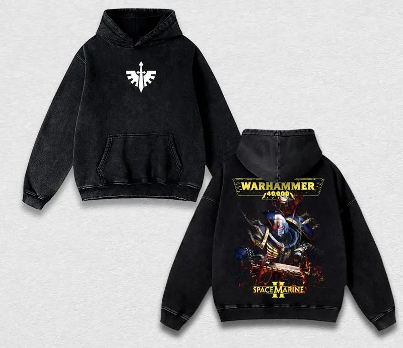 Warhammer 40K Space Marine Ultramarine Washed Hoodie | Vintage Oversized Cotton Graphic Shirt | Menswear Streetwear Gift for Gamers