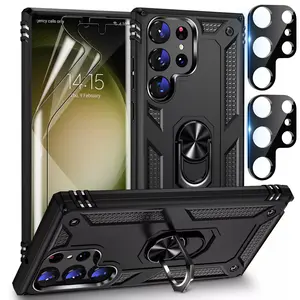 [5 in 1 Combo Set] For Samsung Galaxy S23 Ultra / S23+ / S23 Heavy Duty Shockproof Phone Case Cover with 2 Pack Full Cover Hydrogel Screen Protector [Not Glass] & 2 Pack Camera Lens Protectors