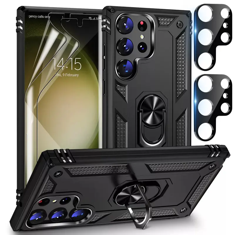 [5 in 1 Combo Set] For Samsung Galaxy S23 Ultra / S23+ / S23 Heavy Duty Shockproof Phone Case Cover with 2 Pack Full Cover Hydrogel Screen Protector [Not Glass] & 2 Pack Camera Lens Protectors