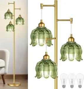 ECOXOL Vintage Floor Lamps for Living Room Bedroom-3 Light Glass Floor Lamp with Three Led Bulb, Modern Mid Century Standing Lamp Brass Tall Lamp Gold Tree Floor Lamp for Bedroom Corner
