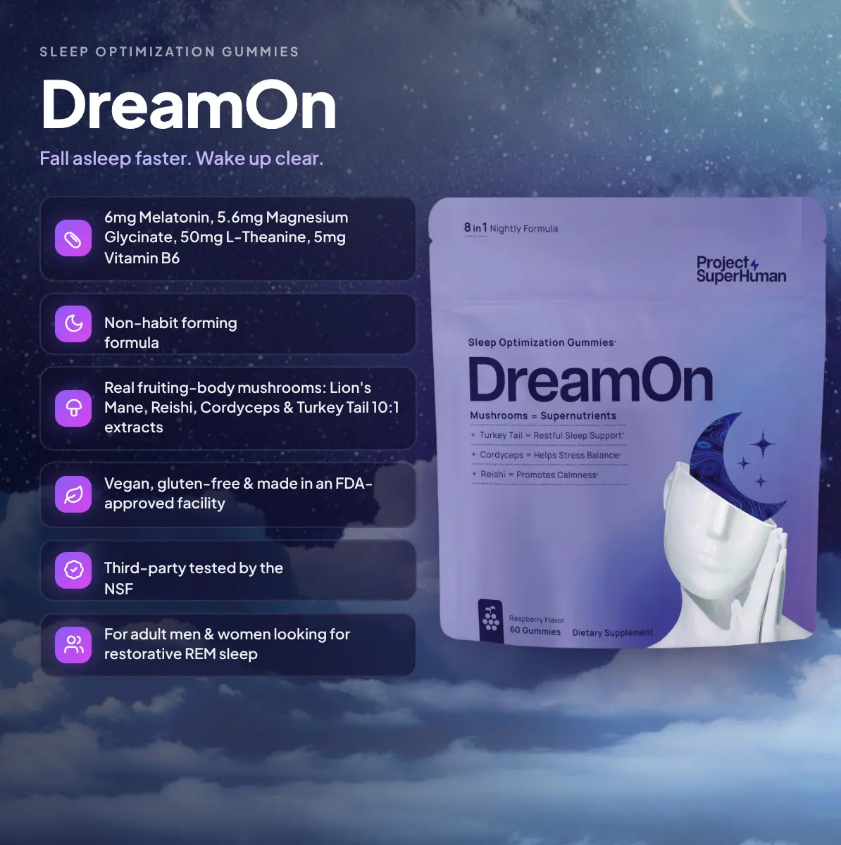 Project SuperHuman DreamOn Sleep Optimization Gummies 8-in-1 Formula for Restorative Sleep & Stress Relief Natural Mushroom Wellness Gummies Raspberry Flavor 60 Gummies