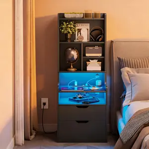 Generic Tall Nightstand with Built-in Charging Station and Customizable LED Lights, Bedside Table Featuring Integrated Bookshelf and Storage Drawers, Modern Wood Side Table for Bedroom and Living Room, Multi-Functional Furniture with USB Ports and Power O