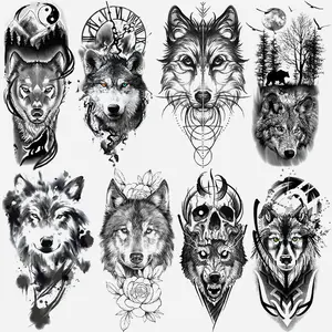 8 Temporary Wolf Tattoo Stickers, Waterproof Floral Tai Chi Skull Moon Forest Design, Unisex Arm and Leg Tattoos, Easy to Use and Clean