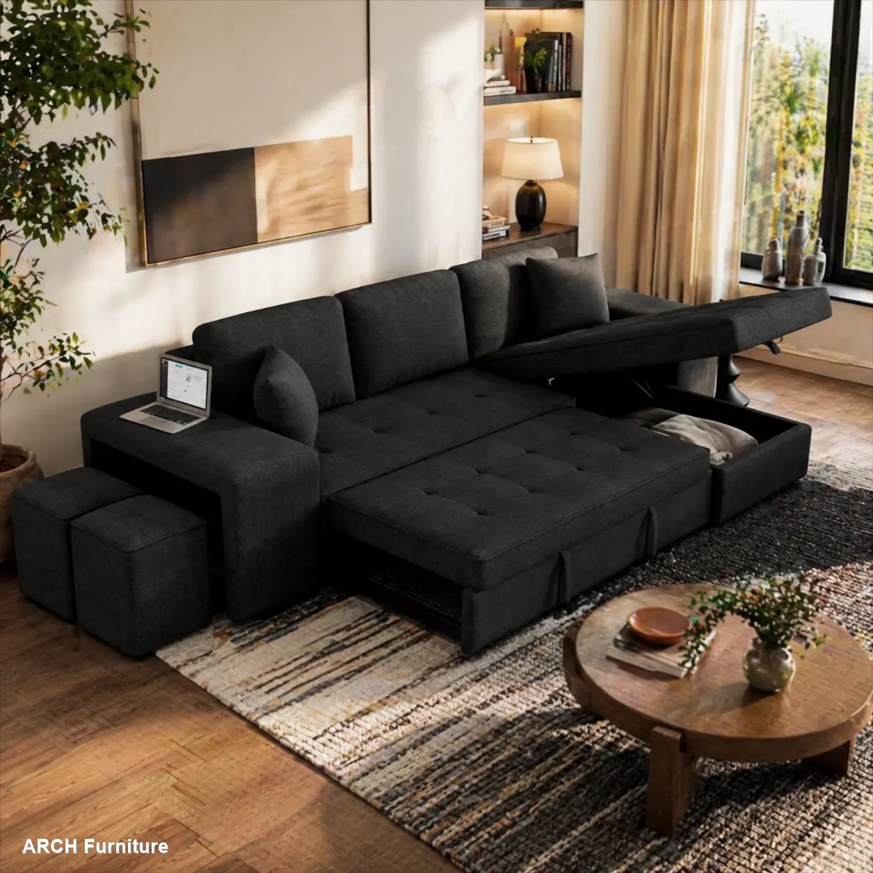 Charcoal Grey L-Shaped Couch - 104.5" Modern 3-Seat Reversible Linen Fabric Sectional Sleeper Sofa with Pull-Out Bed, Storage Chaise, 2 Stools, Foam Cushioning for Indoor Living Room Apartments