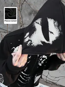 Men's Skull Fleece Hoodie with Zipper, Skeleton Print, Warm Hooded Casual Top, Streetwear, Fall & Winter Fashion, Hoodie Sweatshirt