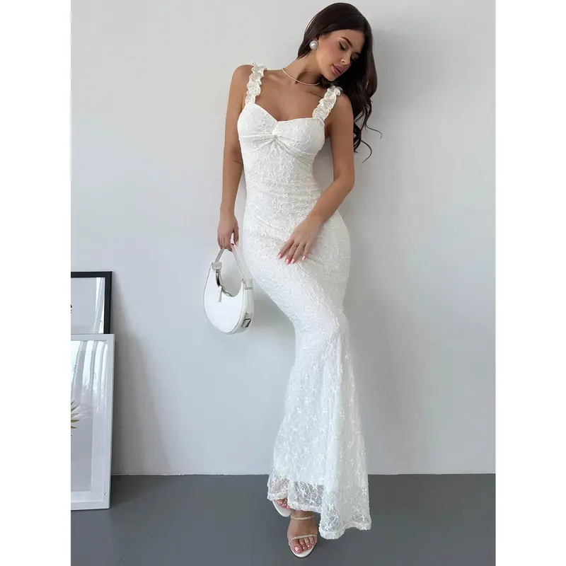 knee length dresses for ladies A Line V Neck Open Back White Lace Long Prom Dress, White Lace Formal –  SELINADRESS