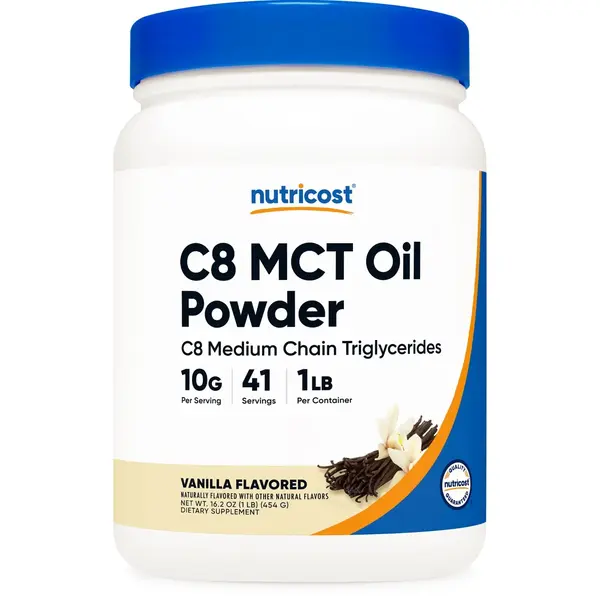 Nutricost Organic Vanilla C8 MCT Oil Edible Dietary Powder, 1LB (16oz) - 95% C8 Medium-Chain Triglyceride, Smooth Texture, Energy & Nutrition Support Supplement
