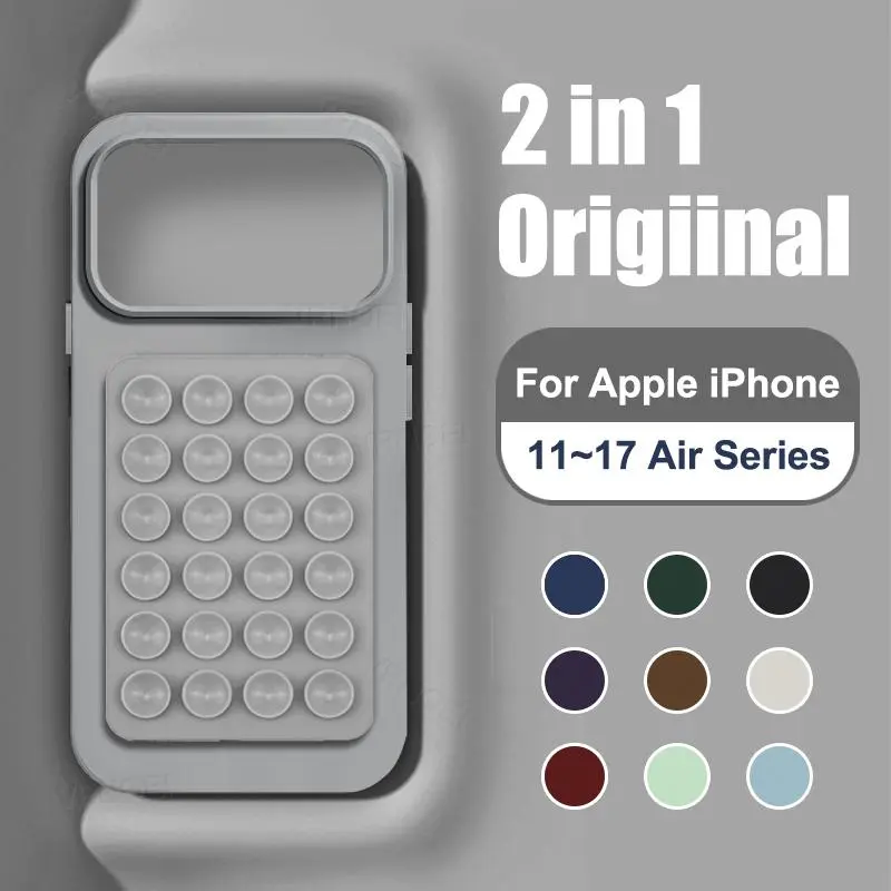 Silicone Suction cup holder case For iPhone 16 14 12 11 13 15 17 Pro Max Soft Shockproof bracket Cover For 16 15 14 Plus Air