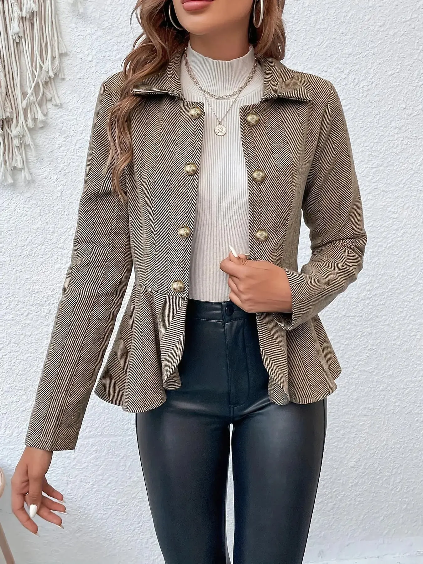 Women's Gingham Print Ruffle Hem Button Front Fitted Jacket, Coats, Casual Long Sleeve Collared Outerwear for Spring & Fall, Ladies Clothes for Daily Wear Everyday, Womenswear