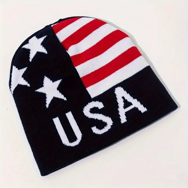 American Patriotic Acrylic Knit Beanie - USA Flag Stars & Stripes Political Hat, Stretchy Lightweight Flag Accent Striped Trim Headwear for Independence Day (American Patriotic Graphic Hats), Stars And Stripes