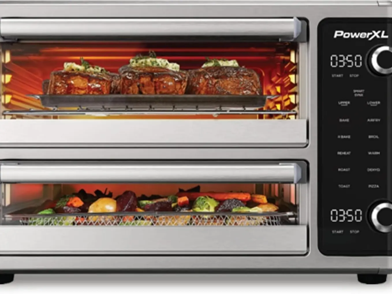 PowerXL SmartSynx Dual Door Air Fryer Oven, Cook Different Food at the Same Time, 10 Cooking Functions including Bake, Broil, Toast, Roast & More, Great for Family Meals, Stainless Steel
