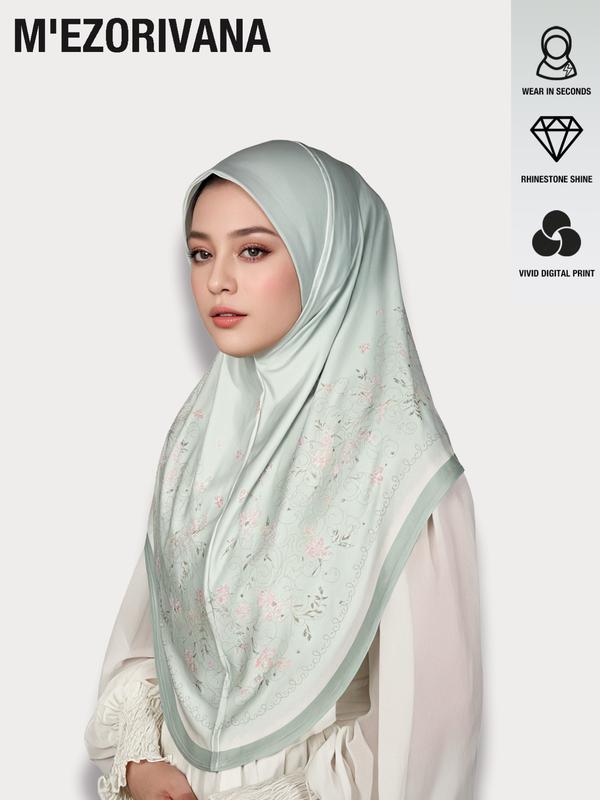 Muslim Headscarf Stretchy Hijab with Floral Print and Gemstone Accents, Multiple Colors Available, Chiffon Fabric, Comfortable Hat Brim, Ideal for Ramadan