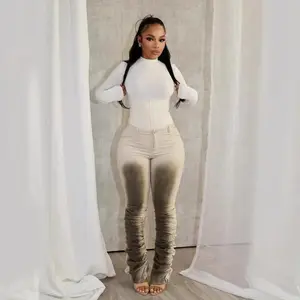 Women Skinny Stacked Pants Punk Y2K Flare Leggings Trousers High Waisted Bell Bottom Gradient Denim Pants Wasteland Outfit for Rave Concert Streetwear