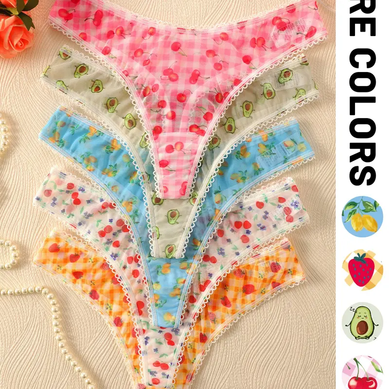 Women's Low Waist Thong Underwear, Panties, Cute Fruit Print, Breathable Mesh, Fitted, All Seasons, Daily Wear, 3/4/5 Pack