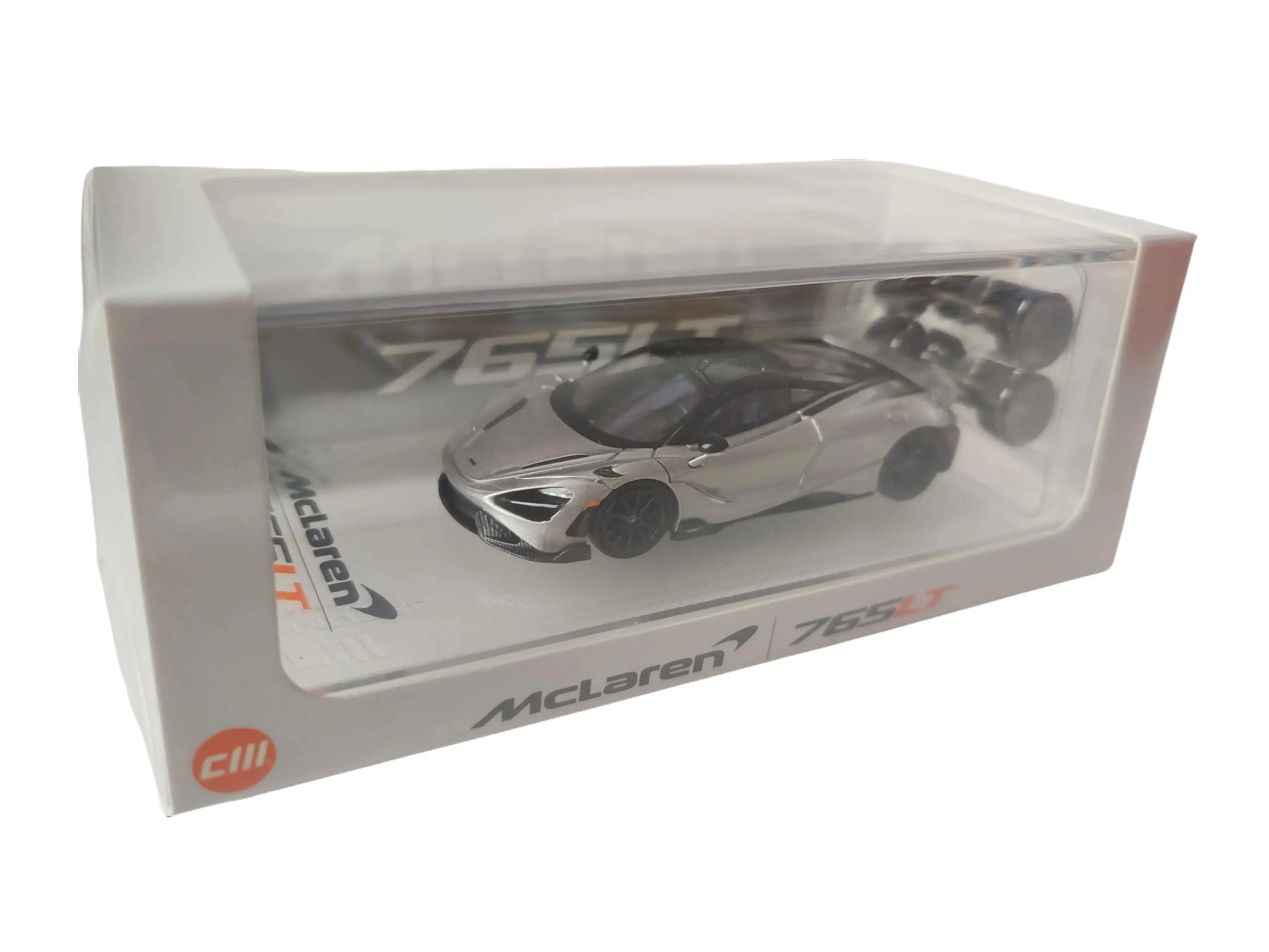 CM Model 1:64 Scale McLaren LT765 Die Cast Metal Model Car with Quick Release Wheels - Silver, Includes Display Base & Acrylic Box, Limited Production