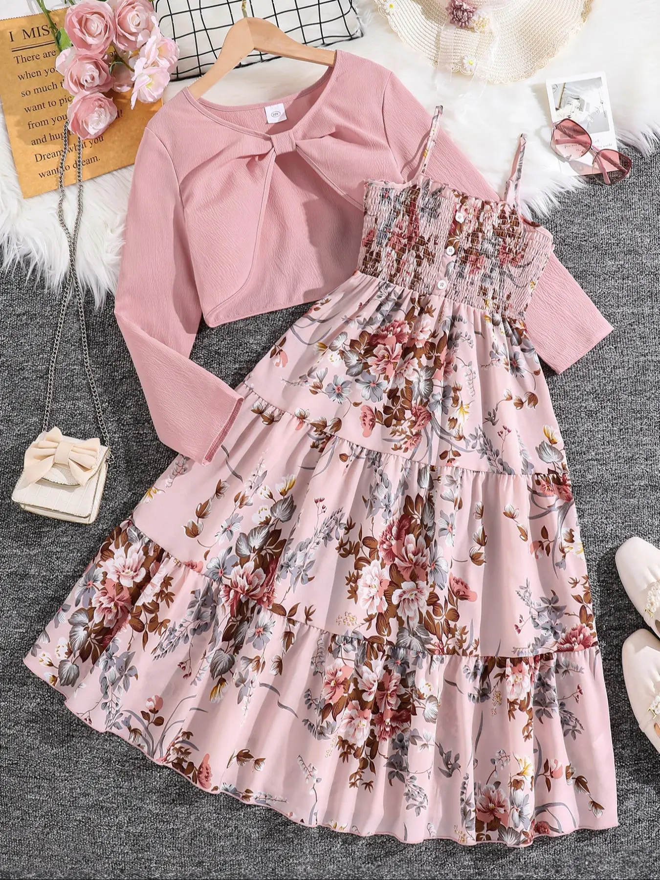 Two-Piece Set Girl's Floral Print Shirred Crop Top & A Line Dress Set, Flower Dress, Two-Piece Set Girl's Floral Print Shirred Crop Top & A Line Dress Set, Flower Dress,