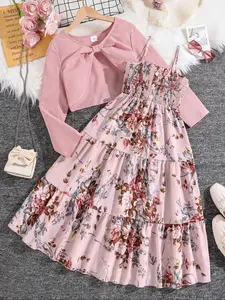 Two-Piece Set Girl's Floral Print Shirred Crop Top & A Line Ditsy Floral Dress Set, Elegant Fashion Casual Long Sleeve Top & Dress for Daily Outdoor Wear, Girls Clothing for Fall & Winter