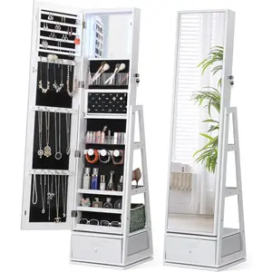 360° Swivel Jewelry Cabinet with Lights, Touch Screen Vanity Mirror, Rotatable Full Length Mirror with Jewelry Storage, Standing Jewelry Armoire Organizer, Foldable Makeup Shelf, WhiteStorage vertical large capacity storage integrated mirror