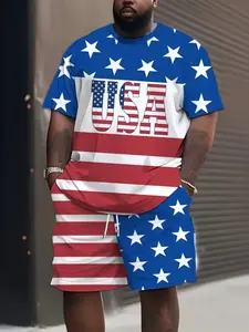 Men's Casual Short Sleeve Shorts Set, Outfit, American Letter Print, Loose-Fitting, Large Size, All Seasons, Modern Style, Menswear, Clothes