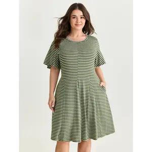 BLOOMCHIC Plus Size Striped Print Fit And Flare Mini Dress [M-6X]2026 Summer Vibes Swimweek, Women, Polyester,Spotlight,Summer wins,Deals for your days