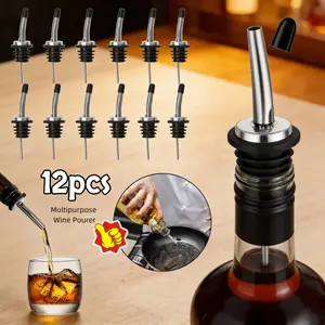 12pcs Wine Bottle Pourers - Stainless Steel with Rubber Dust Covers - Tapered Spouts for Wine, Vinegar, and Olive Oil Bottles - Multi-Purpose Use for Home Bar and Kitchen