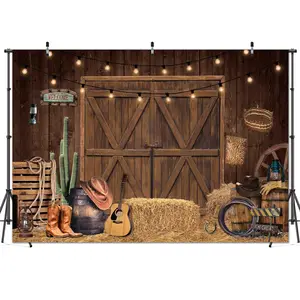 2D Flat Western Cowboy Style Barn Wood Door Background Cloth Professional Photography Prop Party Decoration photo booth studio banners