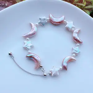 Piswency Moon and Star Baroque Pearl Bracelet, Genuine Freshwater Pearls, Adjustable Bracelet, 925 Sterling Silver Setting, Gift for Her
