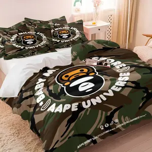 Green Camo Monkey Logo Duvet Cover Set (1 Duvet + 2 Pillowcases, No Core), Soft, Breathable & Cozy Fabric, All-Season Streetwear Print Bedding for Teens & Boys Bedroom Decor