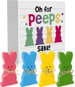 5PCS Easter Bunny Wooden Decor Set – Cute Rabbit Table Decorations with Box Sign for Farmhouse Tiered Tray, Kitchen, Bathroom & Party Decor Aesthetic Lightweight