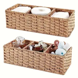 2 Piece Handwoven Three Compartment Storage Basket, Handmade Paper Rope Storage Box, Versatile Bathroom Organizer for Tissues and Cosmetics, Toiletries Basket