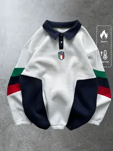 Men's Long Sleeve Casual Fitted Sweatshirt, Fall & Winter Sportswear, Brazilian Color Block Logo Print Patchwork Design, Casual Patchwork Sweatshirts