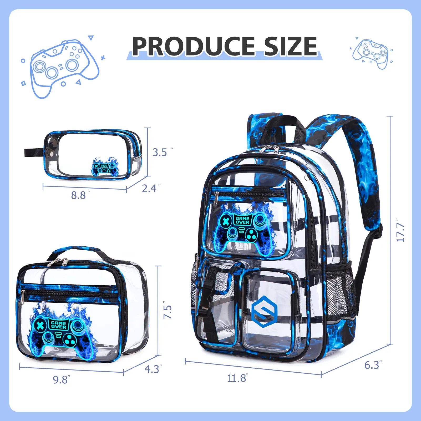 SIMILOVE Multi-Functional PVC Waterproof Heavy-Duty Transparent Backpack Set with 17.7in x 11.8in Lunch Bag, Multi-Compartment Pencil Case-Headphones Pouch, Glow-in-Dark Design for School Events Organization, Backpacks