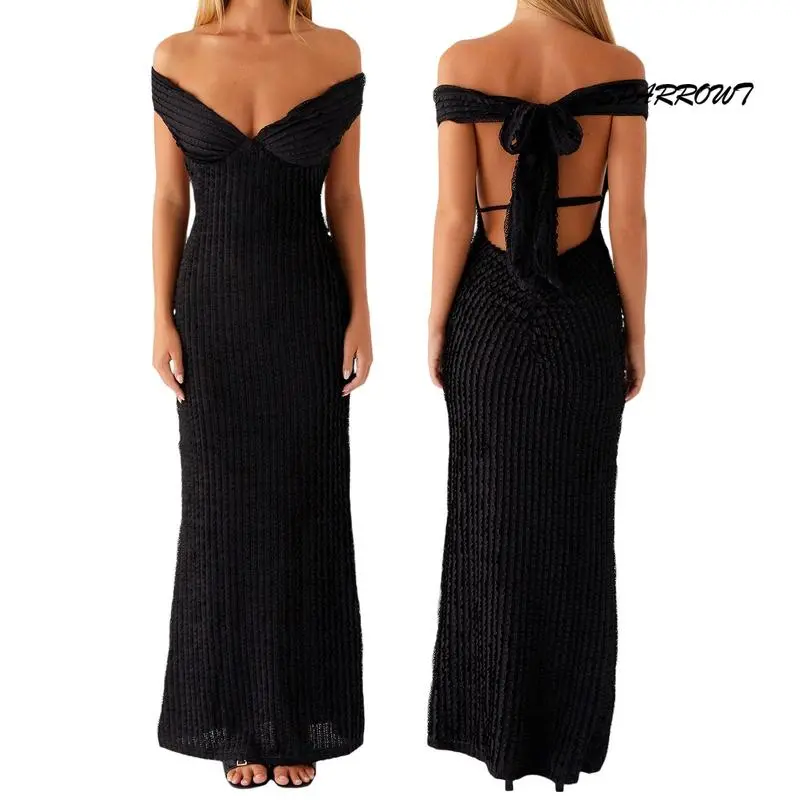 Women Elegant Off Shoulder Maxi Dress Plunge Neck Backless A Line Long Dress Cutout Sleeveless Cocktail Sundress Beach Polyester fall dress elegant maxi dress Womenswear Casual Chic Feminine Formal Lightweight Party Summer Piece Basic Black Minimalist