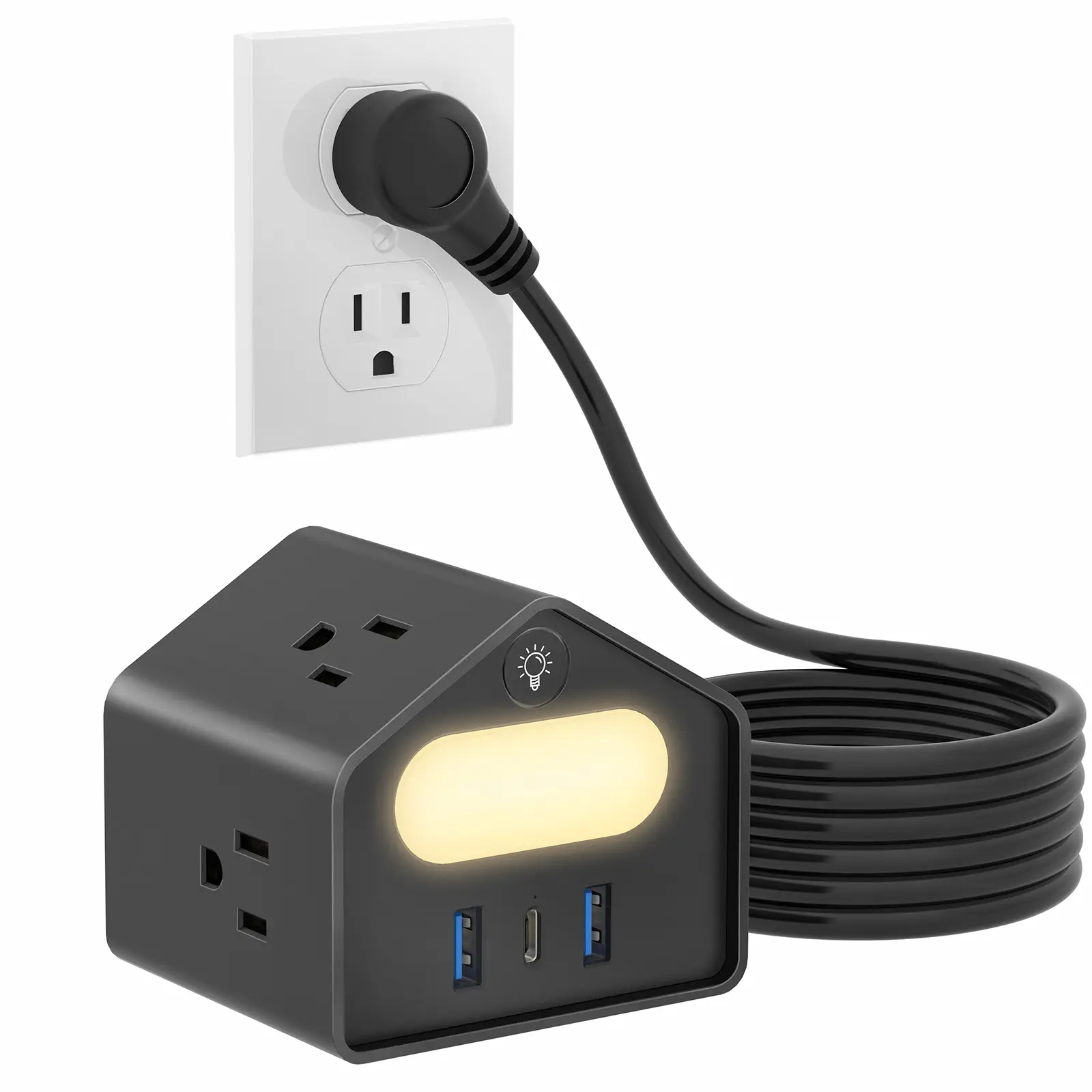 USB C Power Strip with Night Light, 18W Fast Charging Surge Protector, 4 Outlets & 3 USB Ports, 6.5FT Long Extension Cord, Flat Plug for Bedroom, Office & Dorm