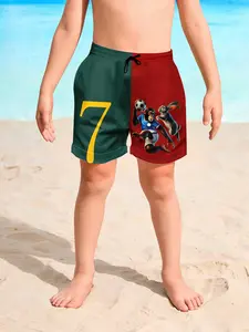 New Colorblock Fun Football Shorts for Boys, Summer Quick-Dry Breathable Beach Pants, Monkey Rabbit Print Casual Shorts