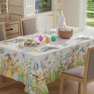 Bunny Eggs Flower Butterfly Watercolor Rabbits Easter Tablecloth Rectangle Table Cloth Washable Table Covers for Indoor Dining Home Party Decorations 60x84 Inch
