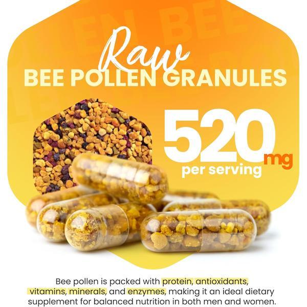 HoneybeeZone Raw Bee Pollen Capsules, B-Complex Rich Superfood for Energy, Metabolism & Immune Support, 60 Veggie Capsules