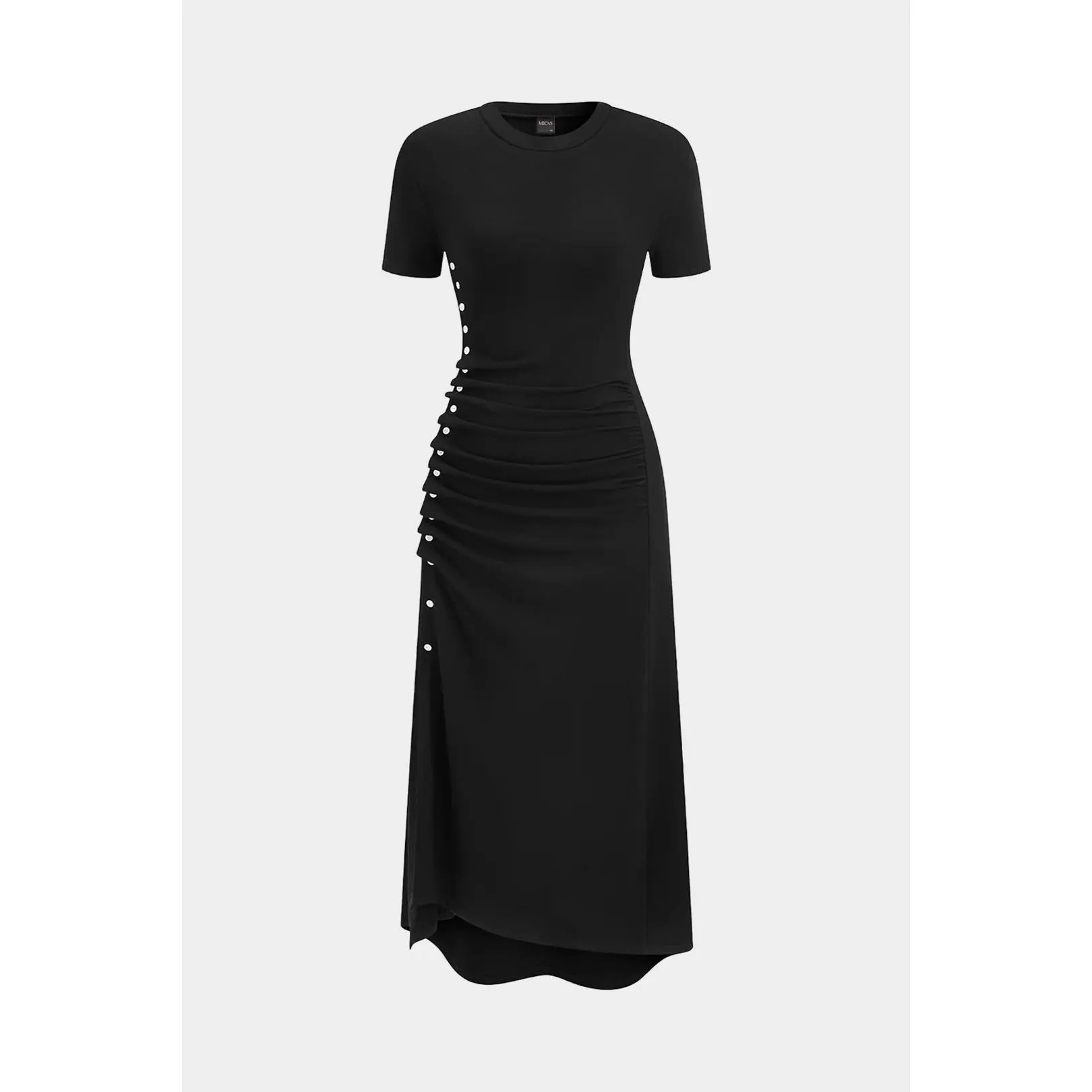 Round Neck Button Ruched Short Sleeve Maxi Dress