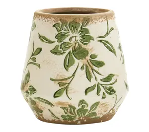 Nearly Natural 5.5" Tuscan Cer amic Green Scro ll Planter