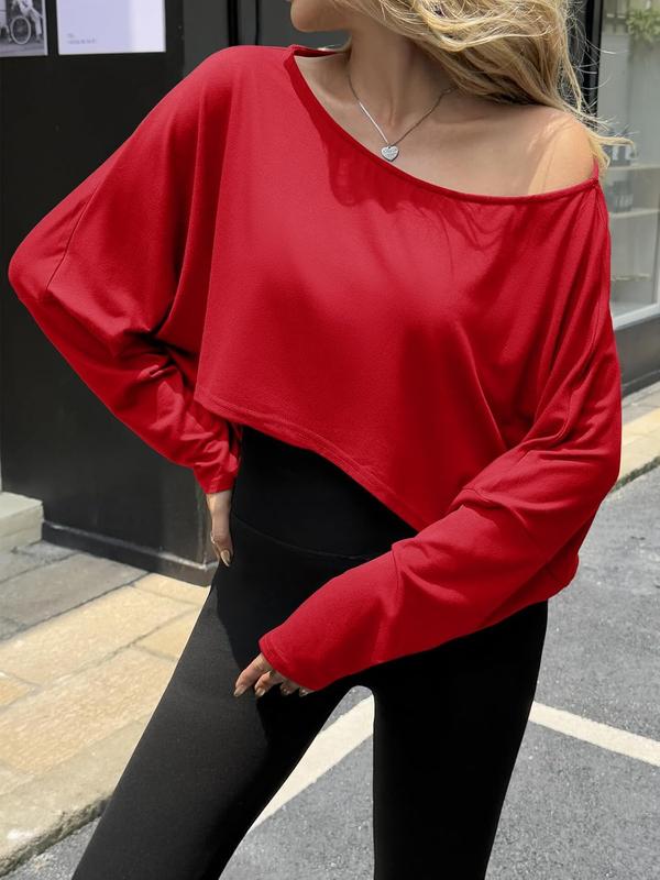 Fisoew Womens Off Shoulder Cropped Tops Batwing Long Sleeve Loose Fit Summer Boat Neck Workout T Shirts