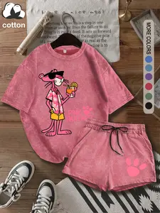 Washed cotton, two-piece suit for women "PINK PANTHER" fun pink panther print! T-shirt and shorts, casual Everyday Fitted short-sleeved T-shirt and shorts, women's four-season two-piece suit, women's clothing