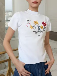 Women's Floral Embroidery Mock Neck Knit Top, Elegant Casual Short Sleeve Pullover for Summer, Ladies Clothes for Daily Wear